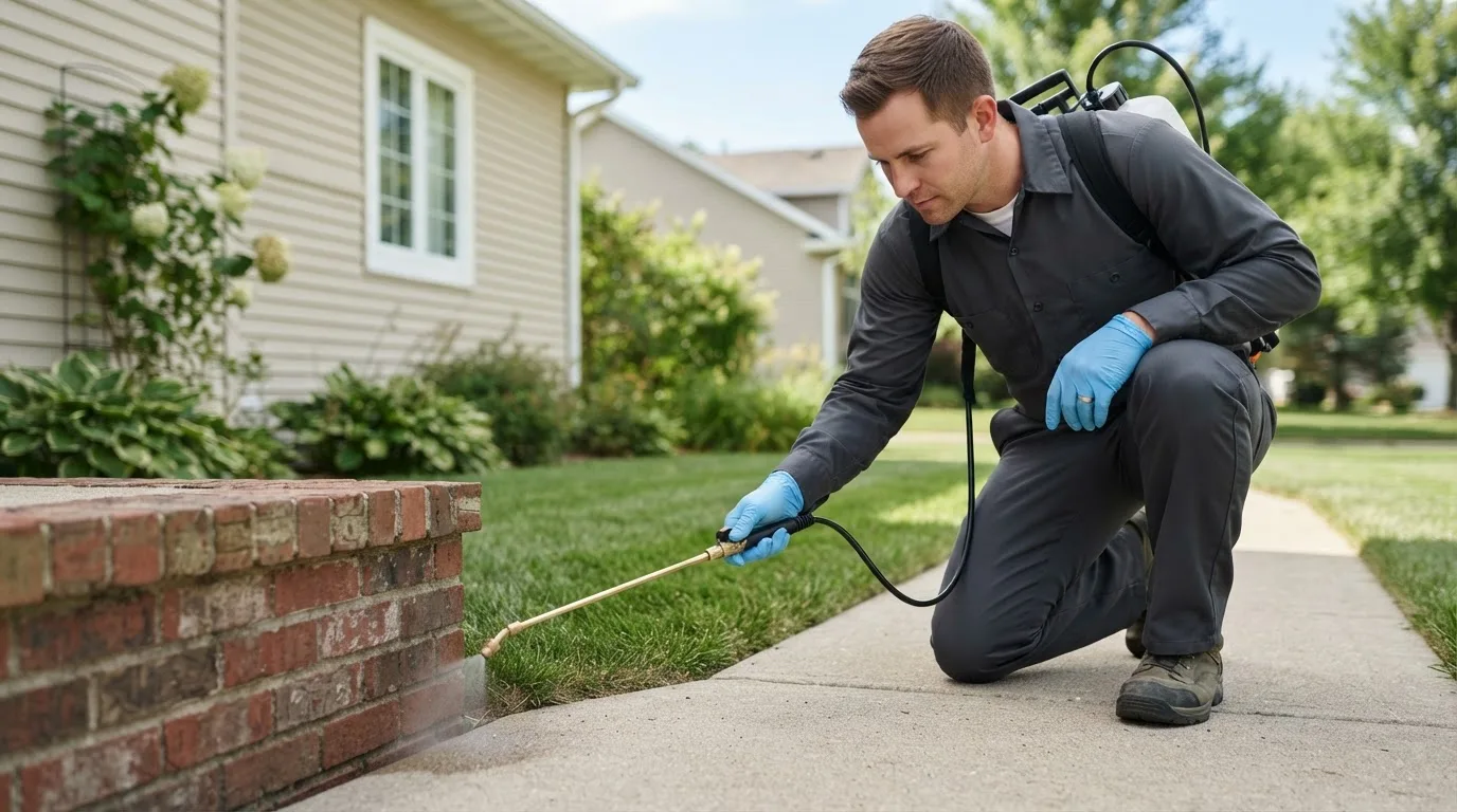 Pest control technician treating a home near Warren, AR